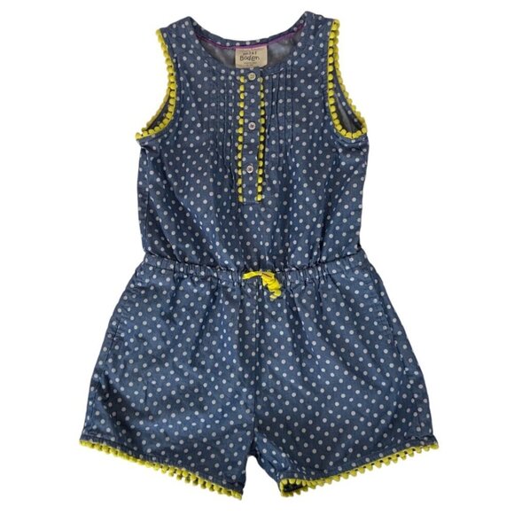 Mini Boden Polka Dot Girls Romper 4-5Y Blue Yellow Pom Pom Trim Spring Summer - Picture 1 of 7